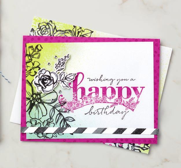 HAPPY BIRTHDAY CARD (5-1/2" x 4-1/4") (14 x 11 cm) INSTRUCTIONS 1. Stamp the dot pattern in Berry Burst ink on Berry Burst Cardstock. Fold the cardstock in half to create the card. 2.