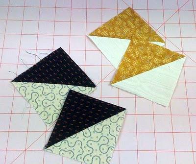 strip! Cut 48 gold/neutral triangle pairs using the easy angle ruler. Stitch.
