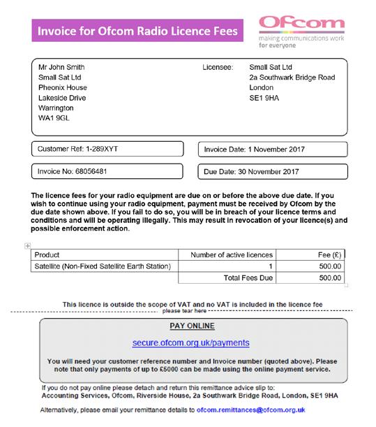 How to license a satellite earth station Licence fees Fee depends on type of licence and frequency band, details here Some fees are fixed (administration fee) Some fees are based on Administered