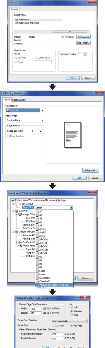 2-3 Creating Printing Data Turn on the [Print to file] option. Click [Preferences]. Click [Advanced] in the [Layout] tab.