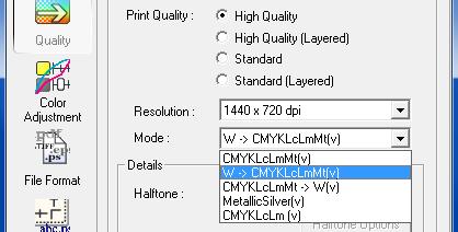 3-2 Print Job Setting : Equipped with White & Silver For [Print Quality], select either [High Quality] or [Standard]. With [Mode], select the print mode.