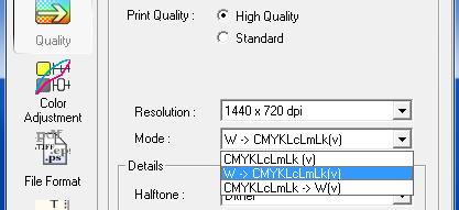 3-4 Print Job Setting : Equipped with White Only Click. For [Media Type], select "Generic Clear Film." For [Print Quality], select either [High Quality] or [Standard].