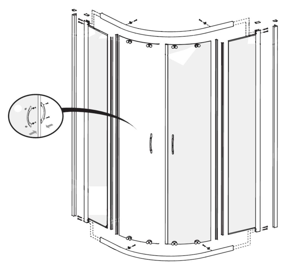 H H C D A B B A E D F G F C Parts list: A. 2 x Fixed Glass Panels B. 2 x Curved Door Panels C. 2 x Curved Rails (upper & lower) D. 2 x Frame End Channels E. 2 x Door Handle sets F.