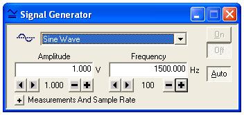 Figure 1: Signal Generator 7. eset the frequency to 200Hz and open the Oscilloscope window (it should be along the bottom of the Data Studio window). 8. Click the Start button.