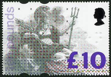 8A : High Values 10 Britannia (C) 10 Britannia Due to limitations in the scanning process the silver Queen s head and x s appear black.