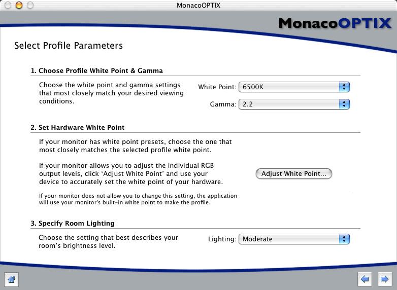 Creating LCD Profiles Step 3: Select Profile Parameters Before MonacoOPTIX software can be used to create a profile, you must input your target gamma and white point, and a description of the