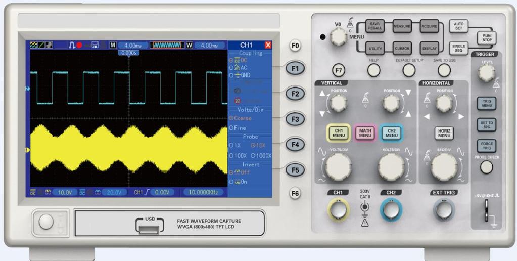 on the screen and relative testing operations. The figure below illustrates the front panel of the DSO5000P series digital oscilloscope.