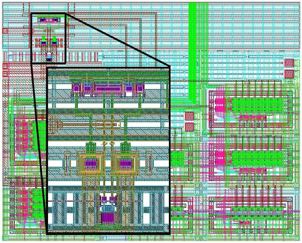 CHAPTER 3. CIRCUIT 95 Figure 3.14: Transimpedance Amplifier Layout A final plot of the TIA layout is shown in figure 3.14. The large blocks at the bottom of the layout are the bias (and trim) current DAC s.