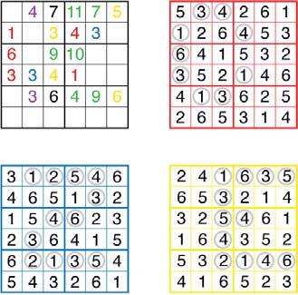 that make up that color, and a clue in black equals the sum of the digits in all three grids.