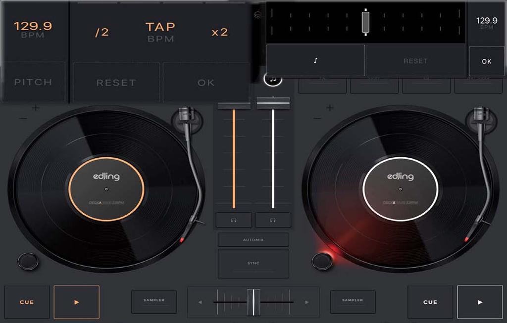Editing the BPM After you ve launched your tracks on the turntables, press the BPM menu at the top corners of your deck view.