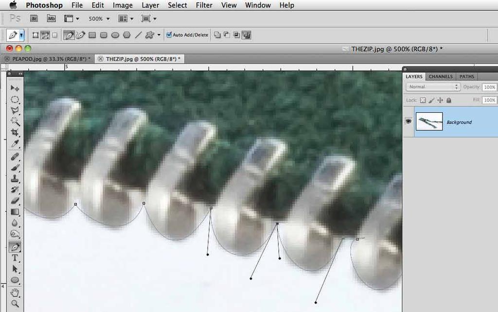 Open your picture of the zip and pick the Pen tool (P). Now click around the edge of the zip, creating a Path.