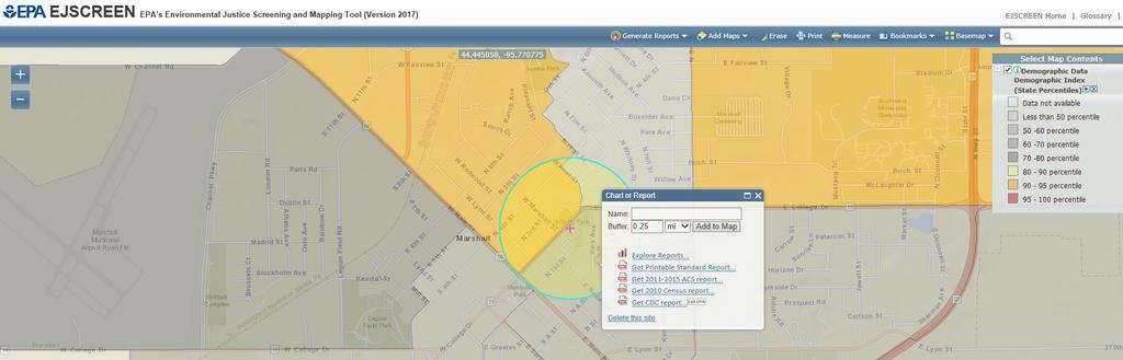 The EJSCREEN tool includes a reporting functions to provide detailed reports of Census data.