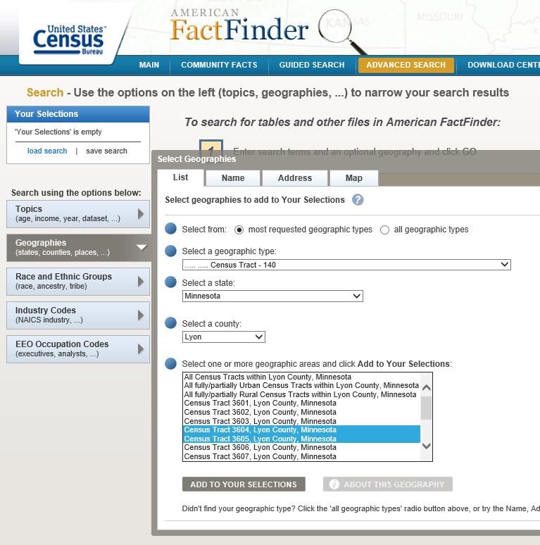 Stay in the Geographies tab and choose census tracts under the Select a geographic type tab Choose the applicable census tract