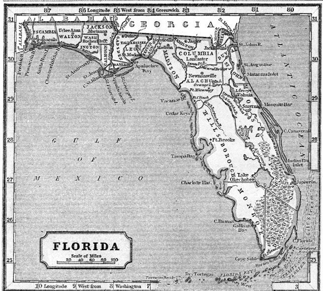Map of Florida 1845 From A System of Geopgraphy for the use of Schools by Sidney E. Morse, 1945. When Florida achieved statehood, Pinellas was a small part of the expansive Hillsborough County.