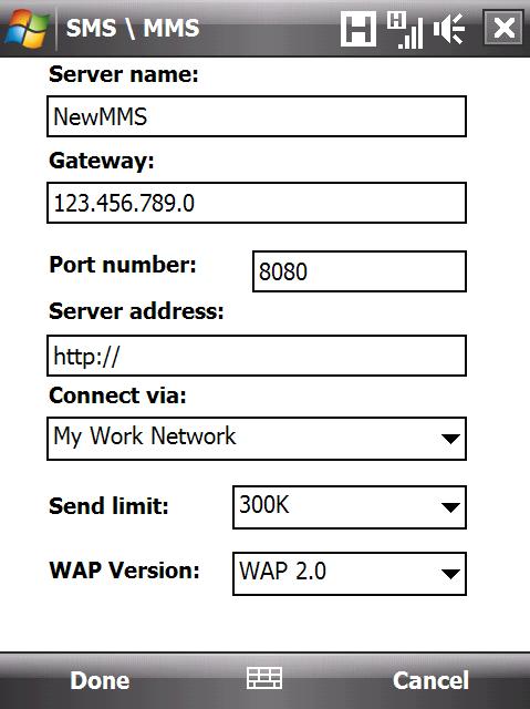 Locaţia serverului MMS, de obicei sub forma unei adrese IP. Port number (Număr port). Numărul portului HTTP utilizat pentru conectarea la serverul MMS şi pentru transferul de fişiere.