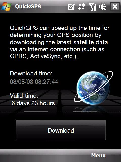 156 Navigarea GPS Pentru a descărca date Apăsaţi Download (Descărcare) în ecranul QuickGPS. Mai întâi, va fi afişată Valid time (Durata de valabilitate) a datelor descărcate.