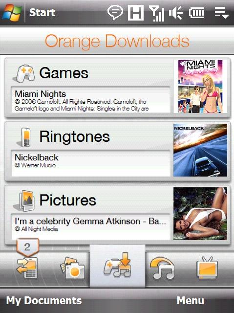 TouchFLO 3D 67 Descãrcãri Orange Secţiunea Orange Downloads (Descãrcãri Orange) conţine un catalog ce permite vizualizarea, cumpãrarea şi descãrcarea de jocuri, tonuri de apel şi imagini pe