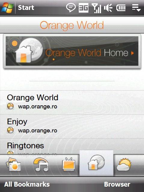 72 TouchFLO 3D Apăsaţi aici pentru a deschide situl Web Orange World. Apăsaţi All Bookmarks (Toate marcajele) pentru a deschide Opera Mobile şi a adăuga, vizualiza sau şterge siturile Web preferate.
