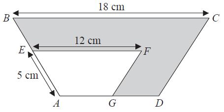18. ABCD and AEFG are mathematically similar trapeziums. AE = 5 cm EF = 12 cm BC = 18 cm (a) Work out the length of BE.
