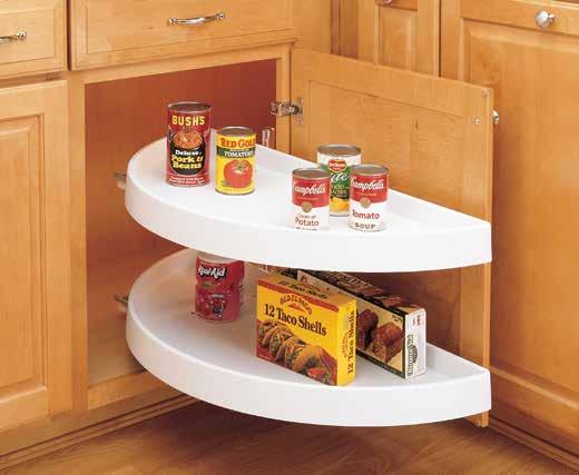 68** SERIES POLYMER HALF MOON LAZY SUSAN Available in single or double shelf sets Available in almond or white coloring Operate with Pivot and Slide technology Include 90 hinge euro brackets in