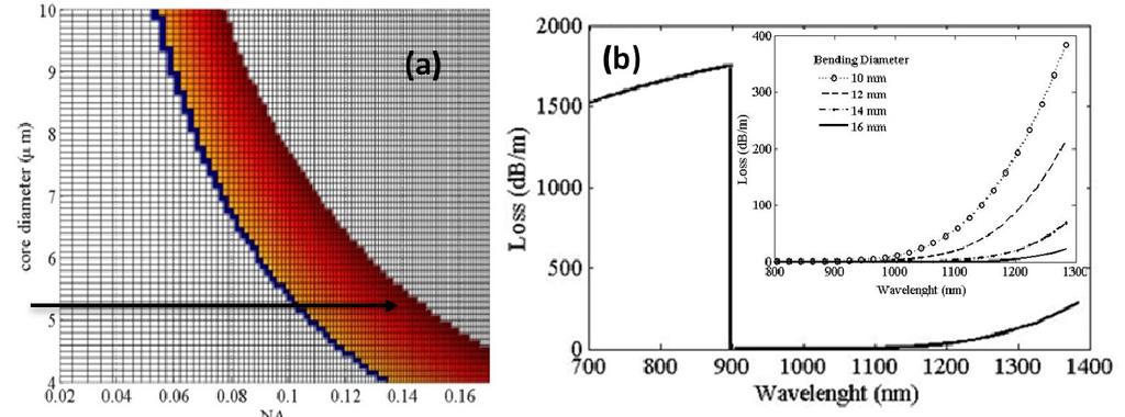 Fig. 6. a) Criteria mapping for high Pass wavelength 700-1000 (nm) range b) Fiber loss spectrum at selected point (NA = 0.14, core diameter 5.