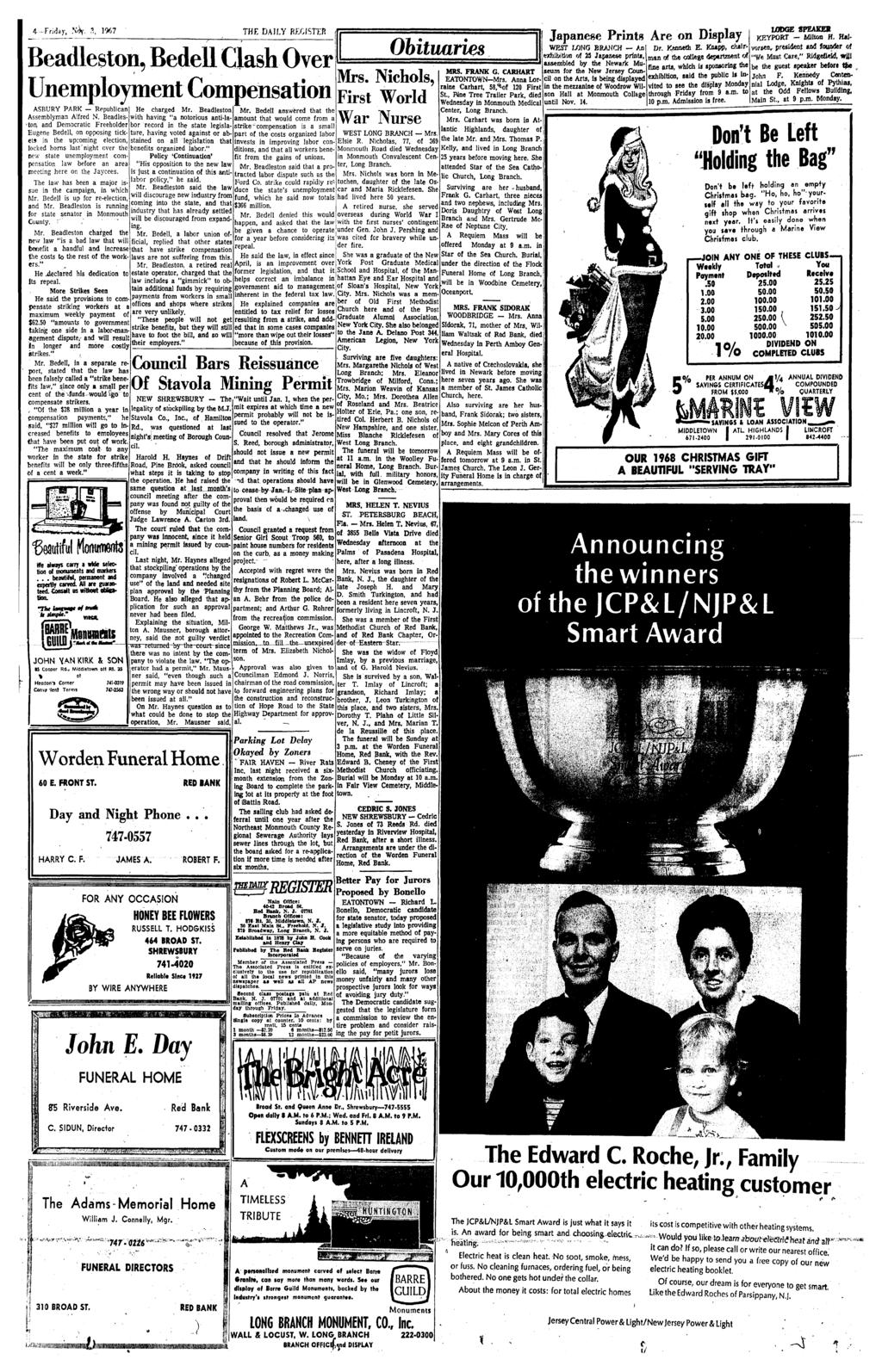 4 Friday. N^i-. 3, 1967 THE DAILY REGISTER Beadleston, Bedell Clash Over Unemployment Compensation ASBURY PARK - Republican Assemblyman Alfred N.