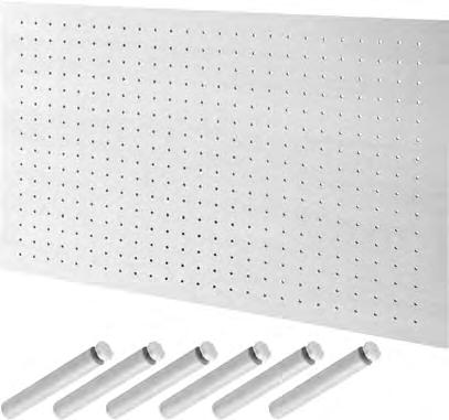 Perforated base plates have adjustment holes in 32mm intervals and are 3/8" thick covered with Birch or veneer. Round support posts are 6-15/16" high and are solid Birch or with a clear finish.