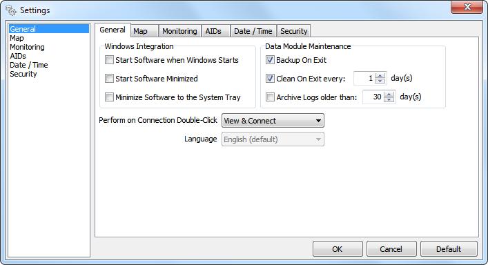 Software Settings A click on the Settings button will open the Software Settings Window. GENERAL SETTINGS Windows Integration - Allows windows integration commands to be specified.