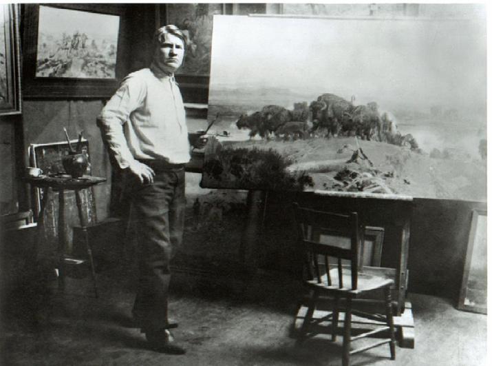 Charles Russell (1864 1926) Charles Marion Russell in his studio in 1914 painting When the Land Belonged to God, Photo attributed to North D. Stark, Sid Richardson Museum Charles M.