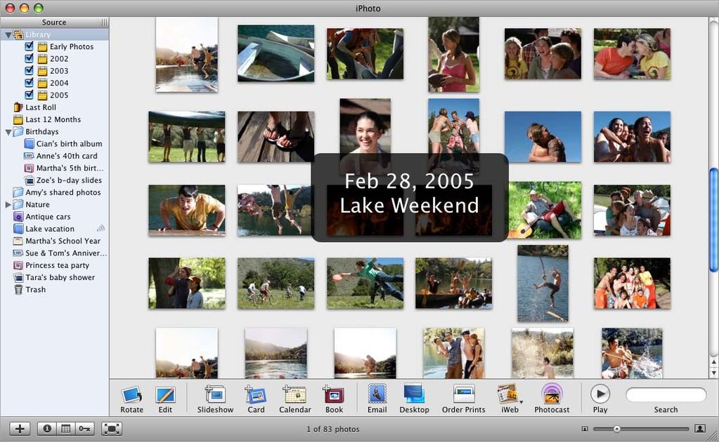 Organize View When you select your library or an album in the Source list, you can see all the photos contained in the item you selected and use controls for sharing your pictures with friends and