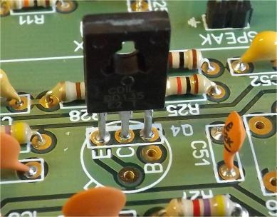 Transistors Qand Q2 of the type BC547. Q3 is a PN2222 Q4 is a BD35; the face with printed letters should be facing the top of the PCB (L7, L9 etc.) Q5 is the output TX transistor.