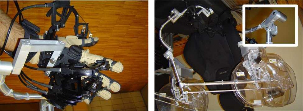 Fig. 2. The four devices of the Haptic Workstation TM. On the left, the CyberGrasp TM and CyberGlove R. On the right, the CyberForce R and CyberTrack TM.
