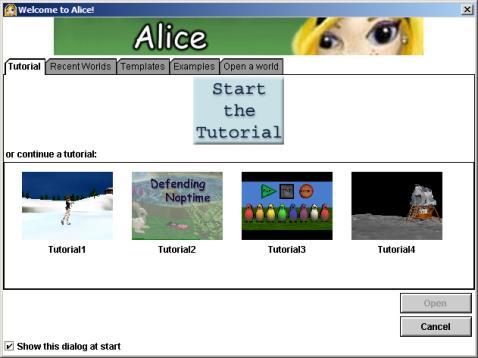 Tutorials When you start Alice, the following window should appear (you may need to click on the "Tutorial" tab).