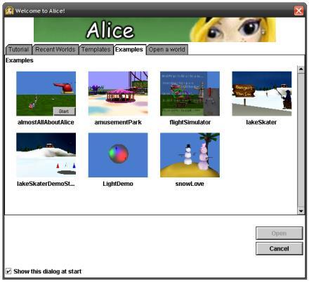 Example Worlds Once you have completed the four tutorials, you should explore some of the example worlds that come with Alice.