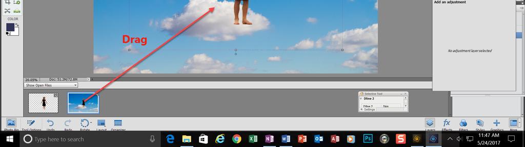 Once again, double click on the image in the Photo Bin that you want to past your selection into the sky in our example to open it in the main editing window. 17.
