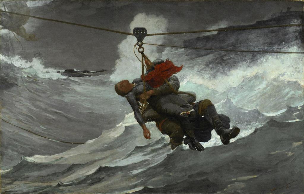 Crashing waves, dark threatening skies, and fierce winds surround the two figures in the center. Remnants of a sinking ship are barely visible in the upper left.