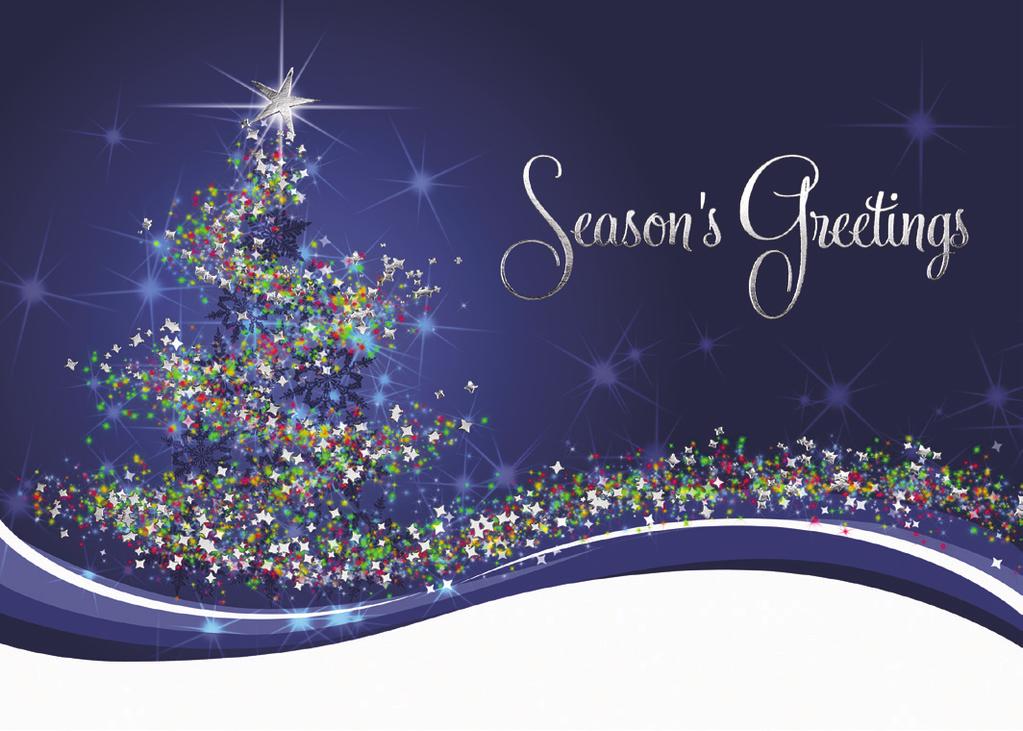 Holiday Greetings, done in pale blue and silver foil, is also printed on the navy blue background.