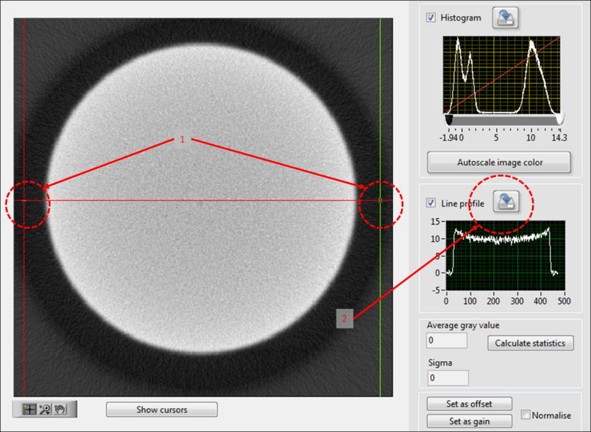 TEP Beam hardening and metal artefacts Select the line profile cursors to make line profile through the sample and save it as 'line_no_bhc' in de radiographies folder. Fig.