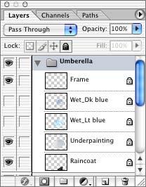 Then click the arrow to expand the layer set, so that five layers appear within that set, only some of which are visible. 2 Click to set an eye icon ( ) for the Wet_Lt blue layer.