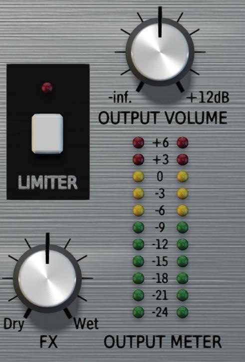 Master section Amplitude of the output signal is adjusted by the Output volume knob. The Output meter shows the current amplitude of the output signal after the adjustment.