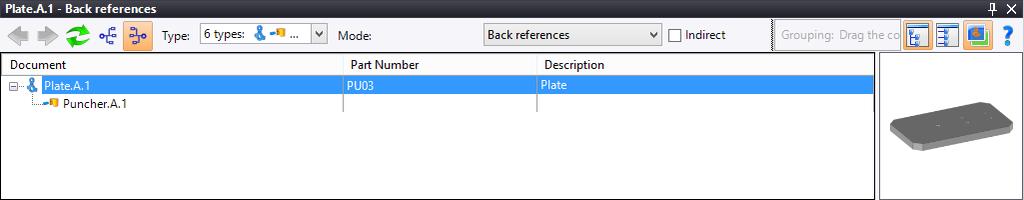 Right-click on the Plate document and select Back References. A window similar to the one below automatically opens and indicates us that the Plate A.1 part is only used in the Puncher A.1 document.