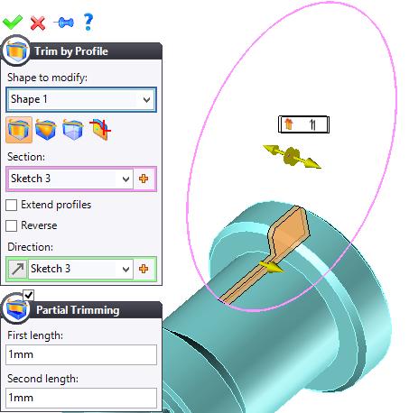 TopSolid Design Basics Exercise 11: The axis Use the Shape > Trim by Profile command to perform a partial trimming of 1mm from each side of the circle. Validate the trimming operation.