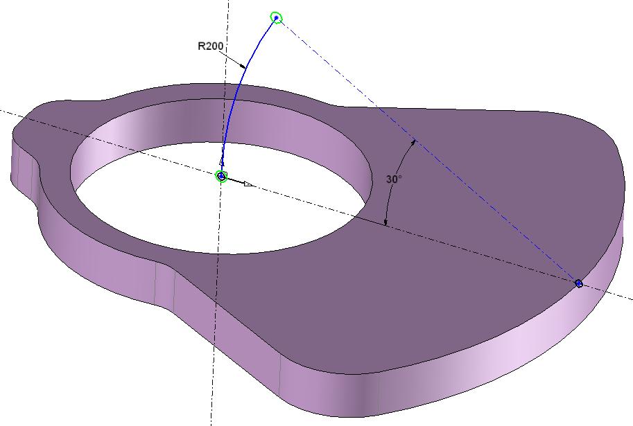 Exercise 12: The elbow TopSolid Design Basics Create a R200mm circle s arc passing through the center point of the drilling and a second point