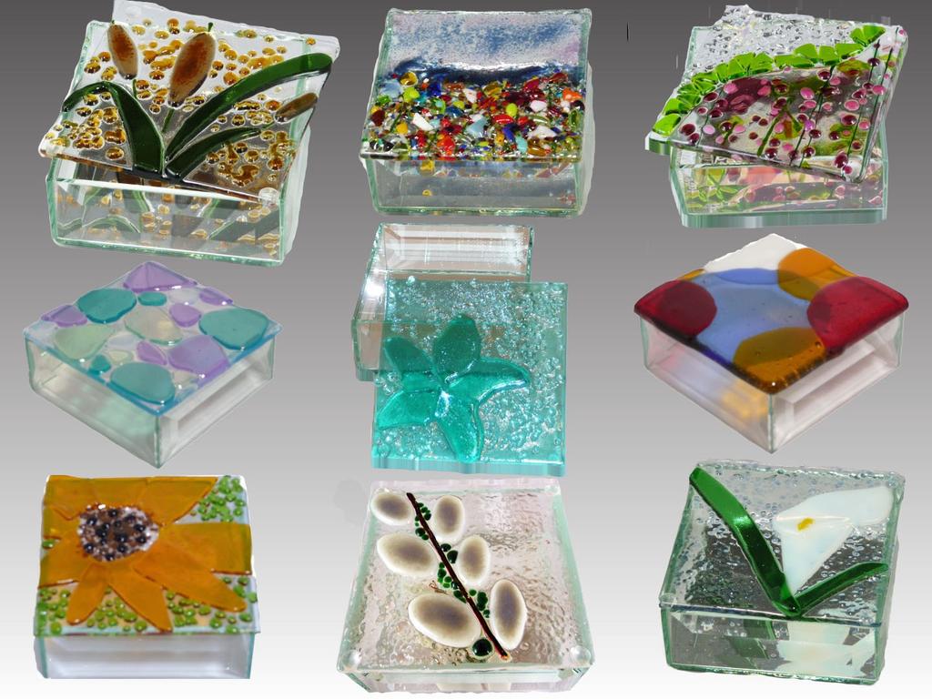 Kilnformed Glass Boxes 4x4 with a mirrored bottom, beveled glass sides and a very dimensional fused glass top, these boxes are great for kitchen, bath, kids room, anyplace there are