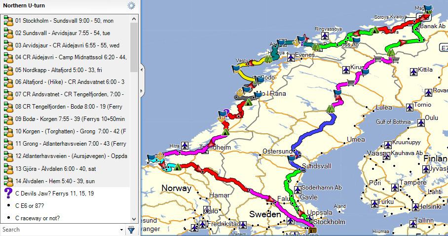 Below are 2 examples of planning. They are screenshots showing a map overview for 2 of the trips I planned.
