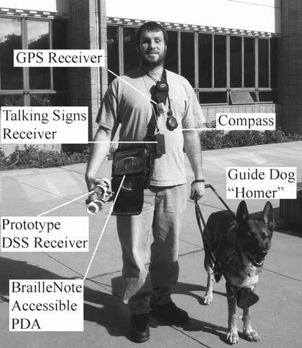 CONCLUSIONS 497 FIGURE 25.1 A blind pedestrian is using a guide dog and five technologies for navigation. This figure illustrates the need for an integrated navigational system.