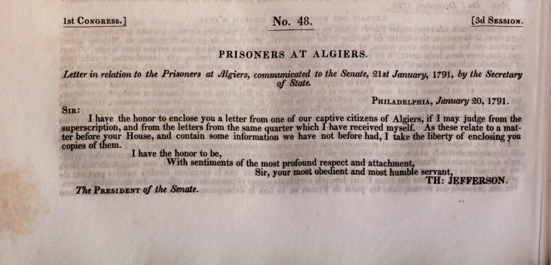 Letter in relation to the prisoners at Algiers, communicated to