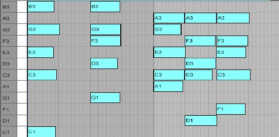 This progression will extend across eight bars (being the [Chord Interval] set to 1, indeed 1 bar) and produce the following MIDI file (relevant settings in the Main