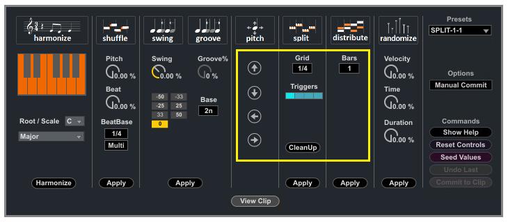 Page 41 of 52 The Clip Modifier: Pitch and Time Modify (Shift/lit/Distribute) The Modify section adds a few special functions to manipulate note pitch and timing creatively.