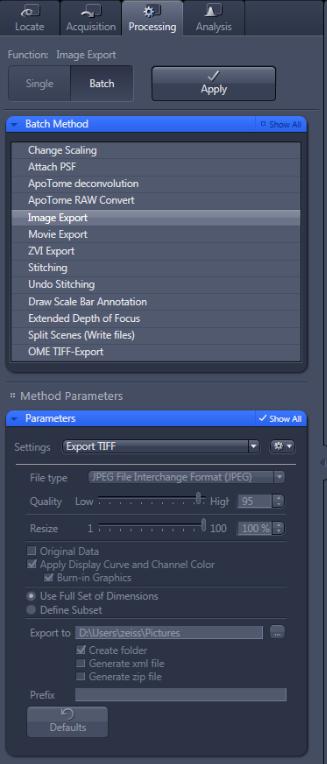 7) Data Export Go to the Processing tab (located to the right of the Acquisition tab) Click Batch Under Batch Method select Image Export In the middle of the screen under Batch Processing, click Add